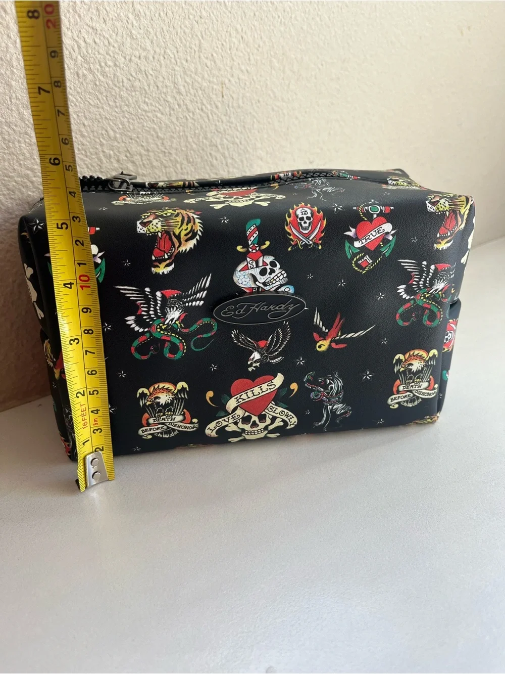 Ed Hardy Black Tattoo-Print Cosmetic Bag with Multicolor Motifs